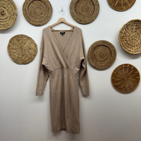 Express Neutral Beige Tan Ribbed Knit Long Sleeve Midi Sweater Dress XL - Picture 1 of 7
